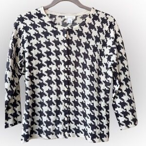 Garnet Hill Lightweight Merino Wool Black & White Houndstooth Cardigan
